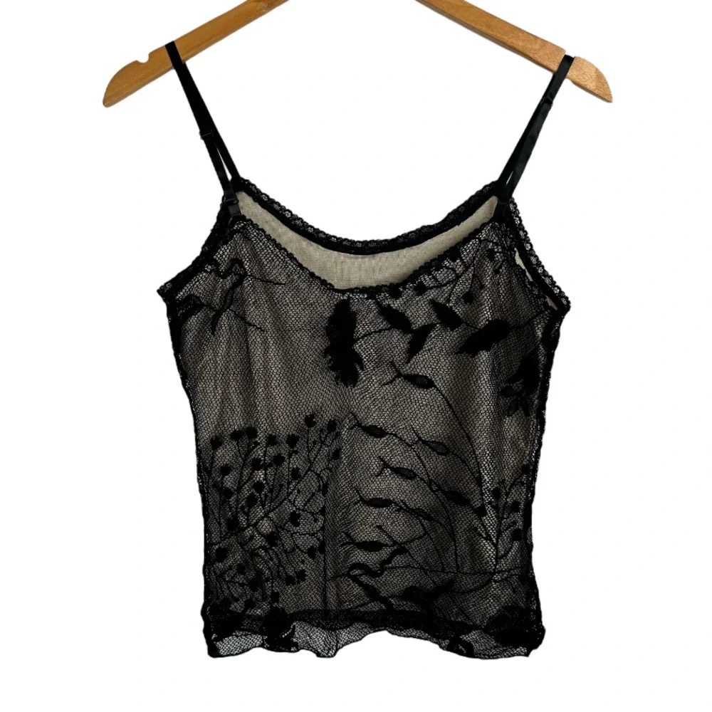 Vintage Y2K Black Lace Mesh Overlay Cami Tank Top Sz Medium - Picture 2 of 13